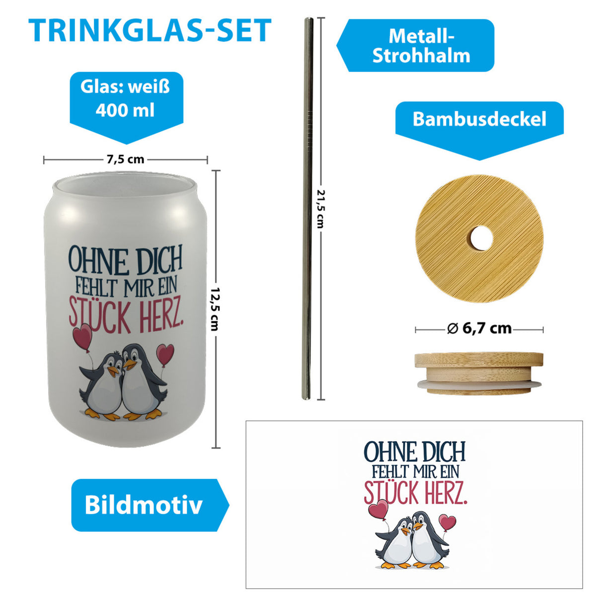 Pinguine Ohne dich fehlt ein Stück Herz Trinkglas mit Bambusdeckel