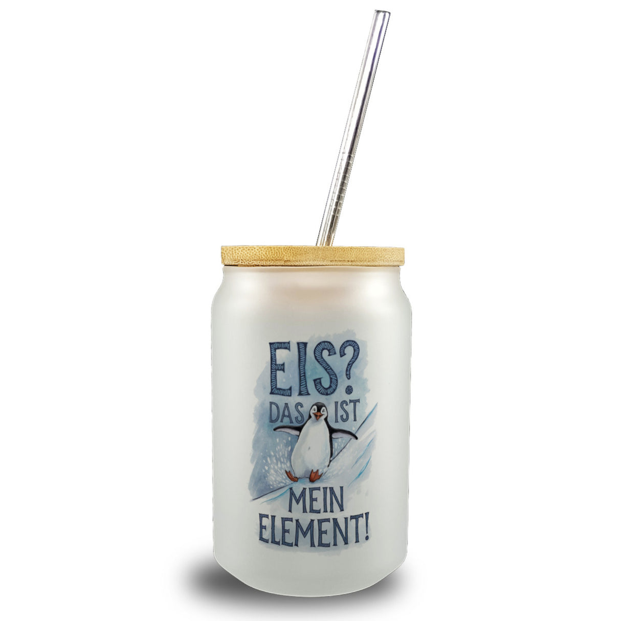 Niedlicher Pinguin Eis ist mein Element Trinkglas mit Bambusdeckel
