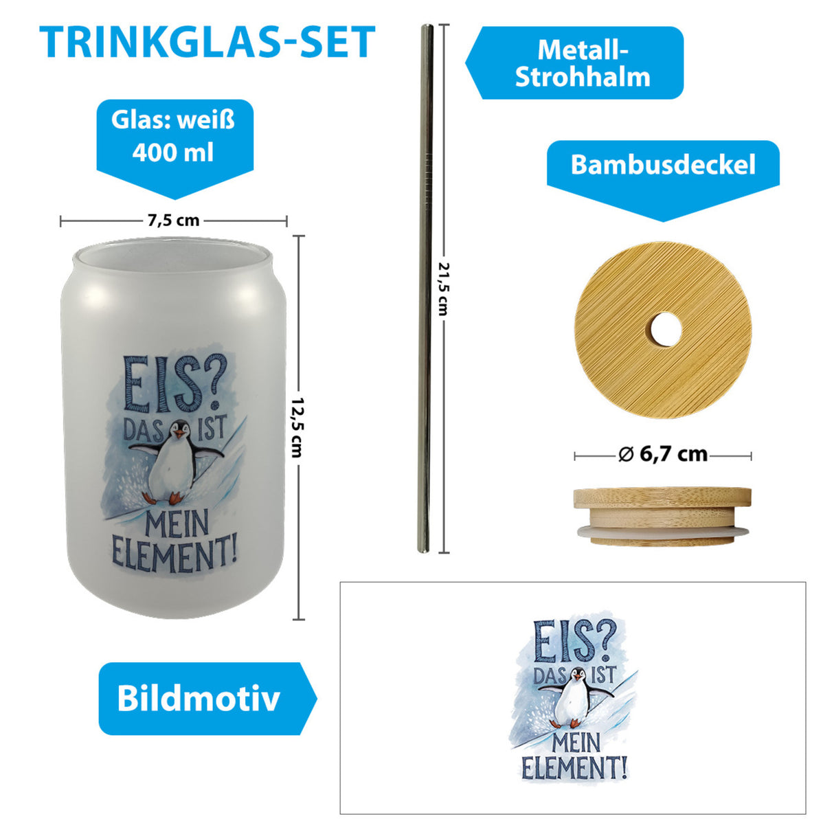 Niedlicher Pinguin Eis ist mein Element Trinkglas mit Bambusdeckel