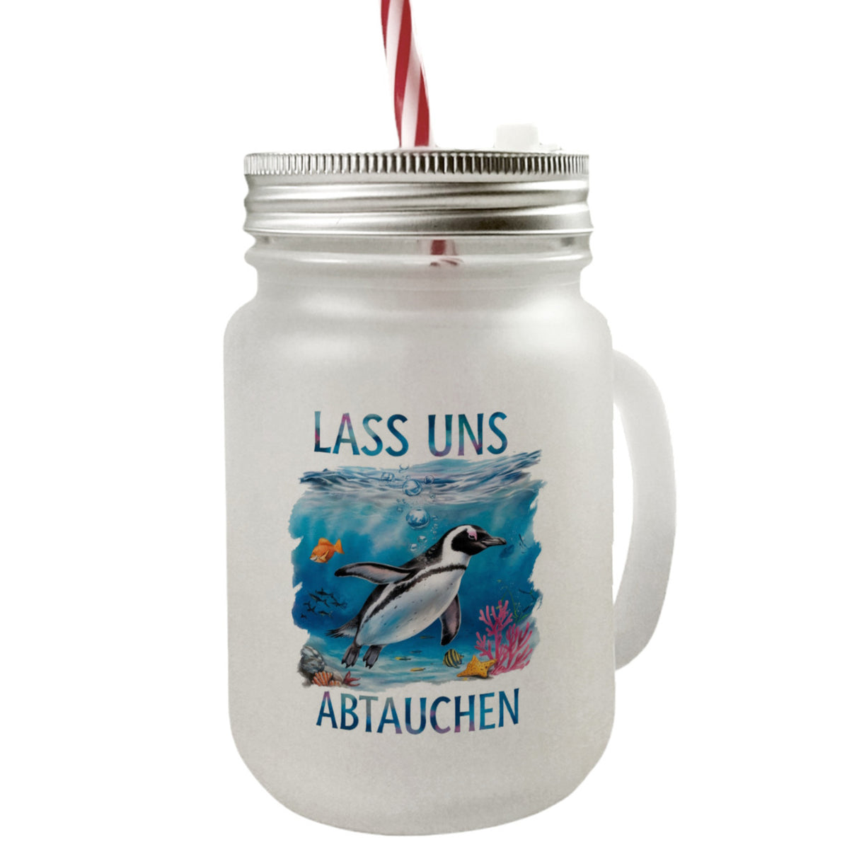 Lass uns abtauchen Pinguin Trinkglas mit Bambusdeckel Unterwasserszene