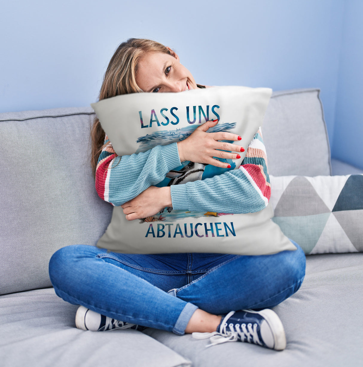 Lass uns abtauchen Pinguin Kissen Unterwasserszene