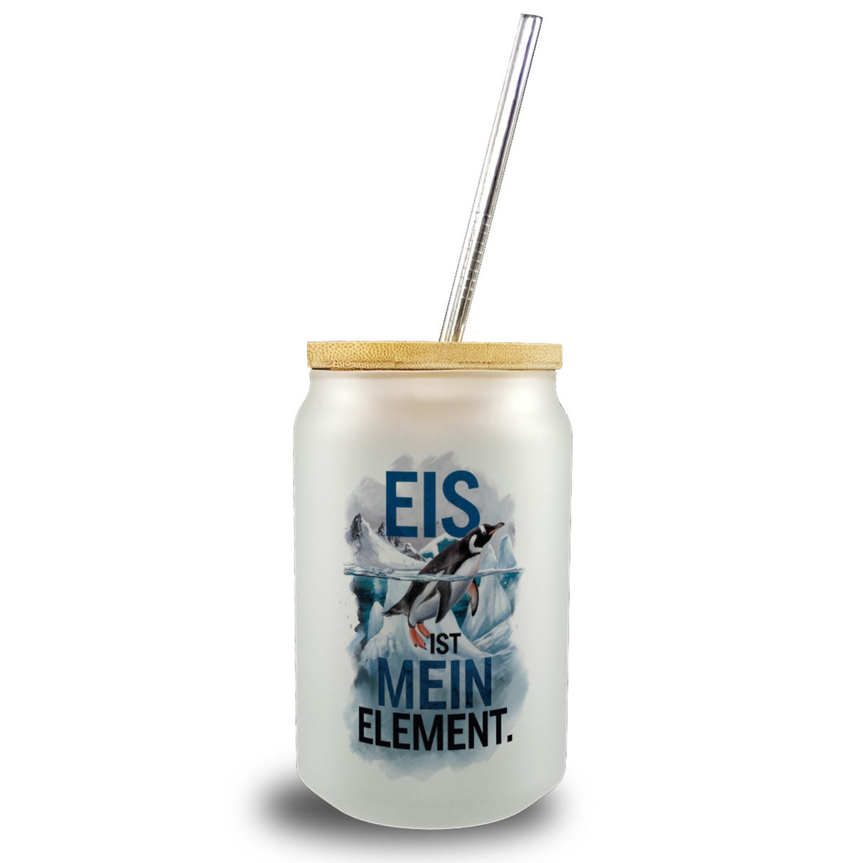 Eis ist mein Element Trinkglas mit Bambusdeckel Pinguin im Eis
