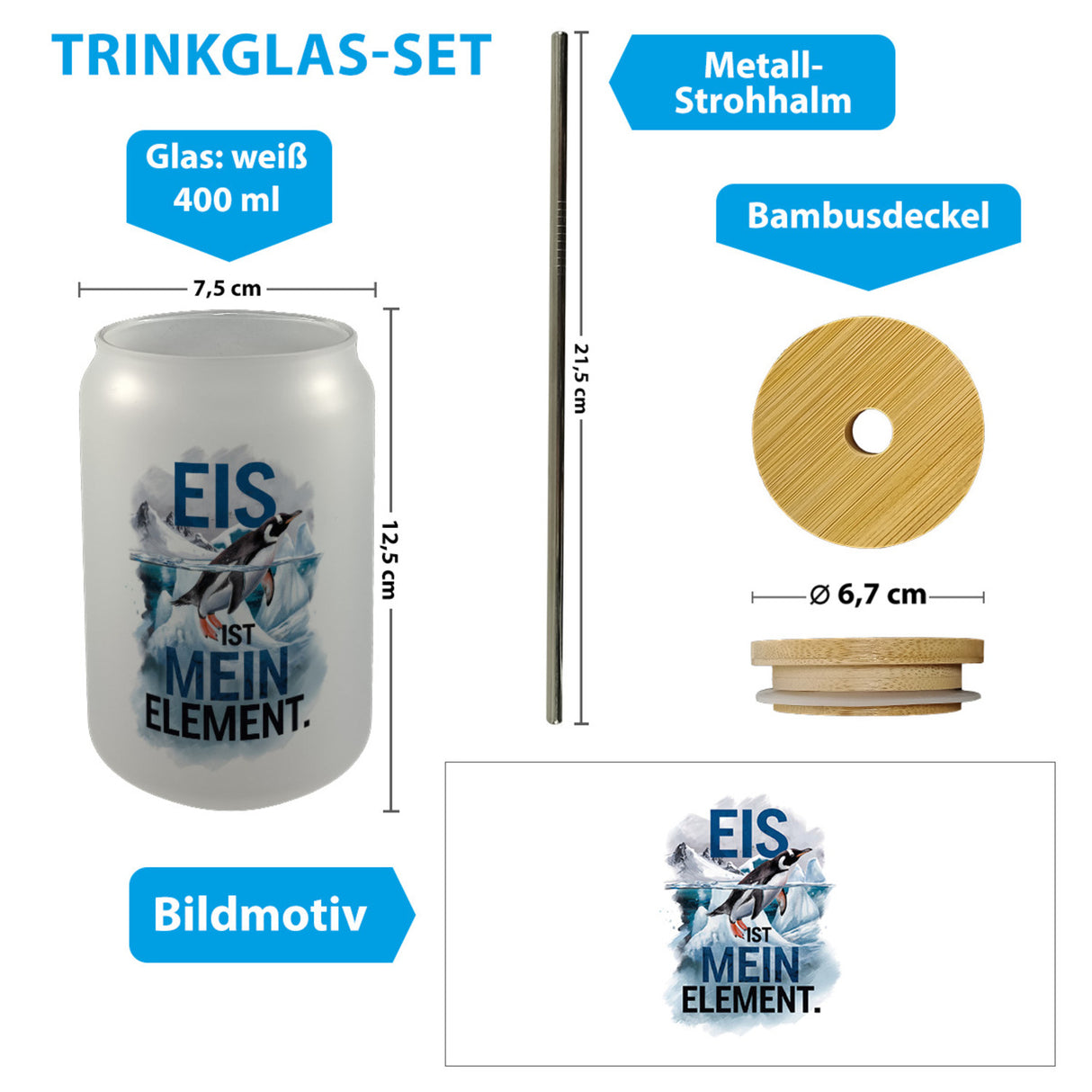 Eis ist mein Element Trinkglas mit Bambusdeckel Pinguin im Eis