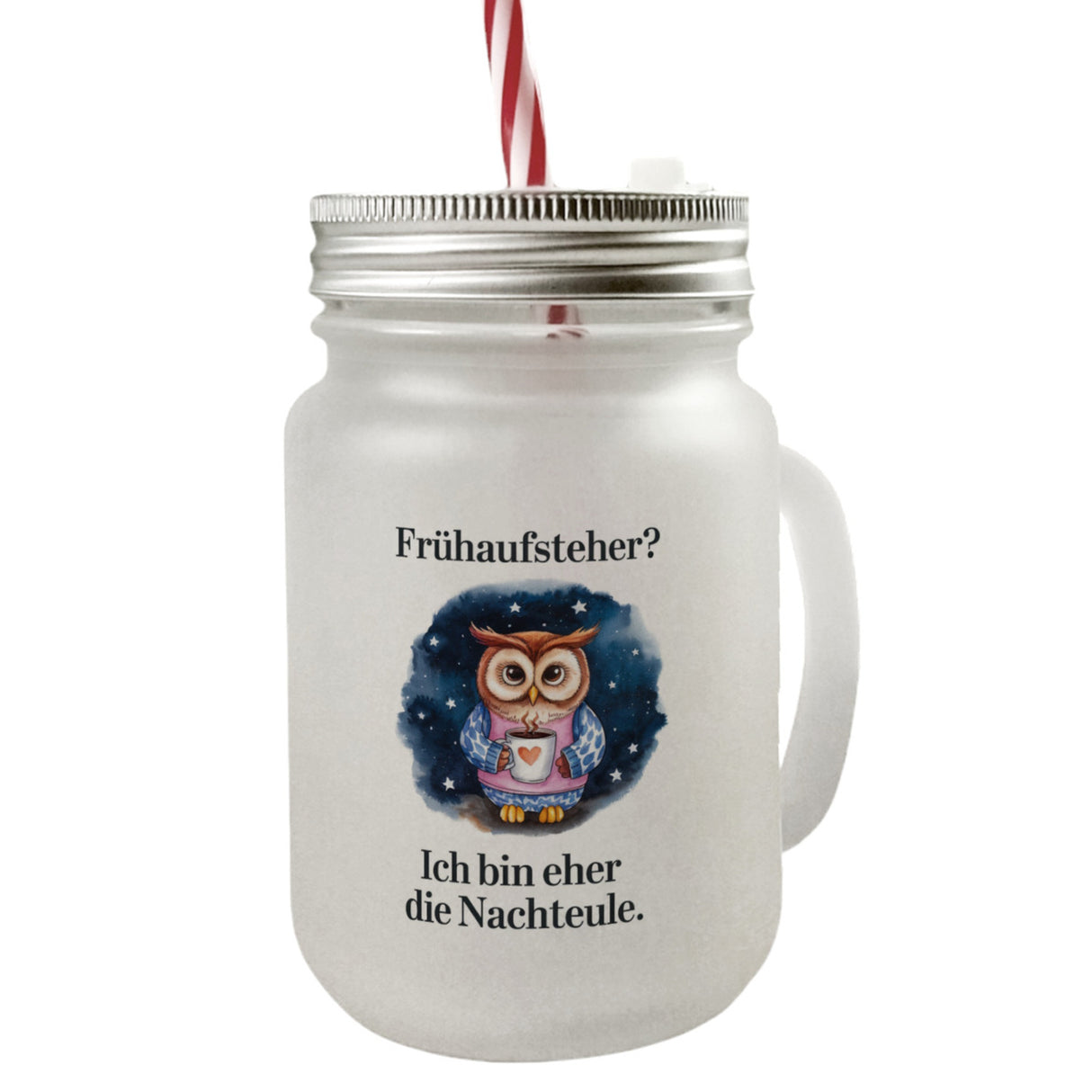 Eule im Pyjama Nachteule Frühaufsteher Spruch Trinkglas mit Bambusdeckel