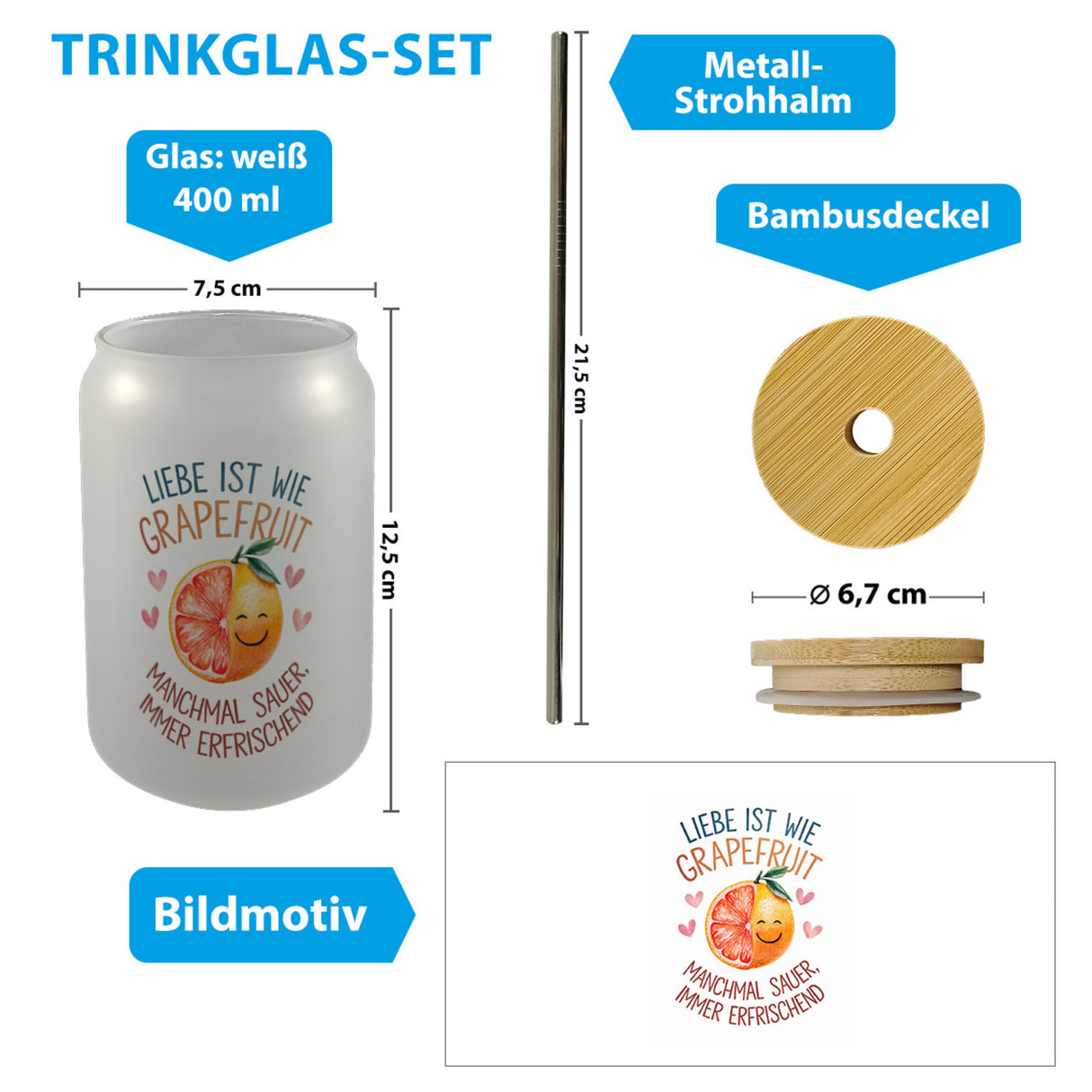 Grapefruit Trinkglas mit Bambusdeckel Liebe ist erfrischend