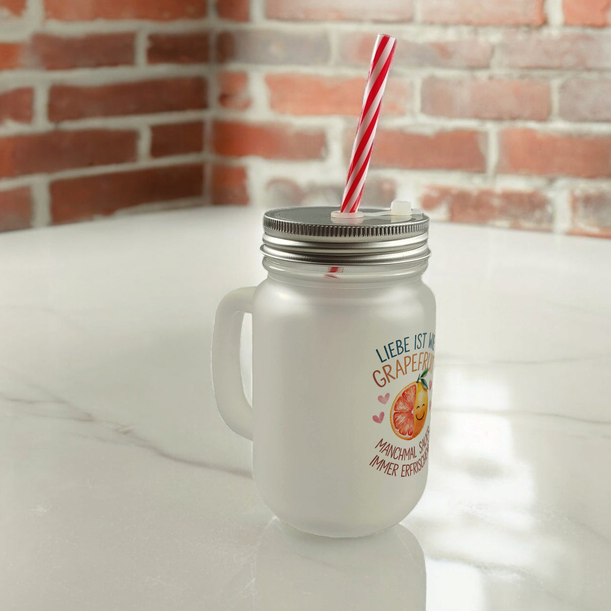 Grapefruit Trinkglas mit Bambusdeckel Liebe ist erfrischend