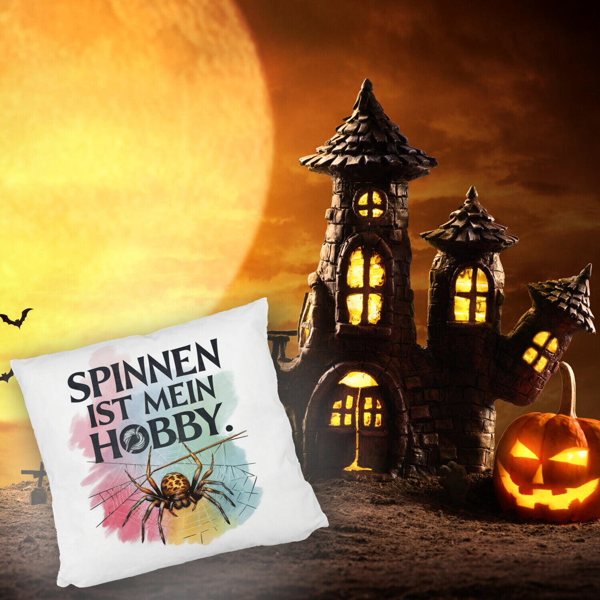 Spinnen ist mein Hobby Kissen - Spinne strickt Netz