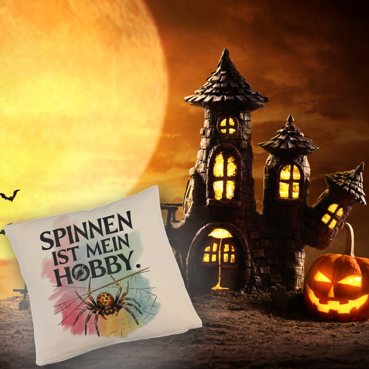 Spinnen ist mein Hobby Kissen - Spinne strickt Netz