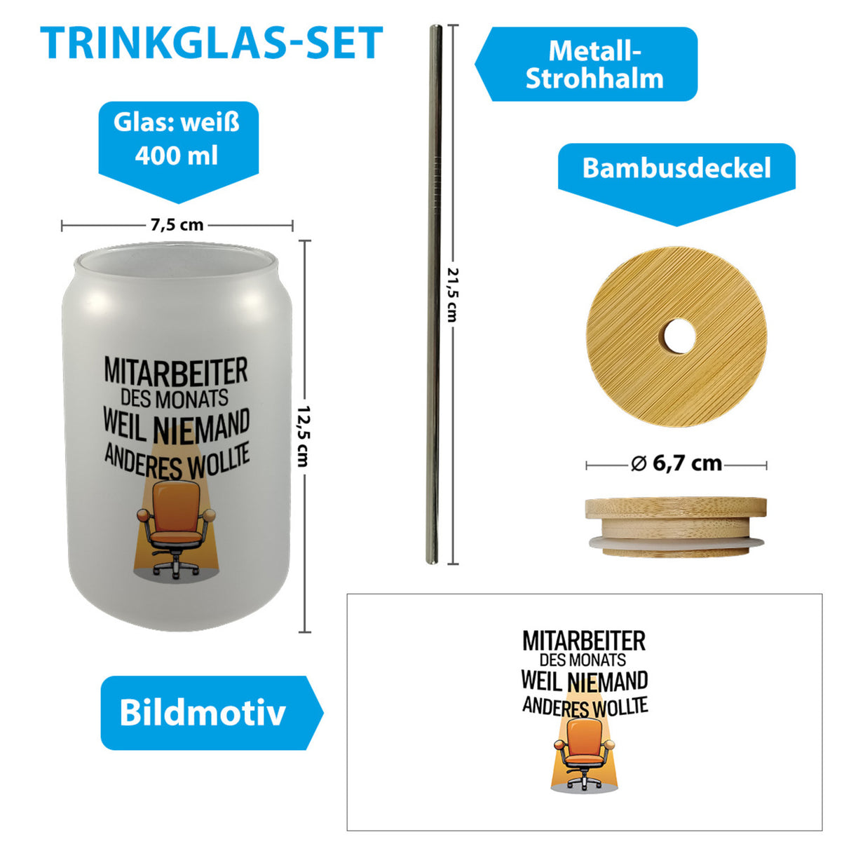 Leerer Bürostuhl Mitarbeiter des Monats Trinkglas mit Bambusdeckel