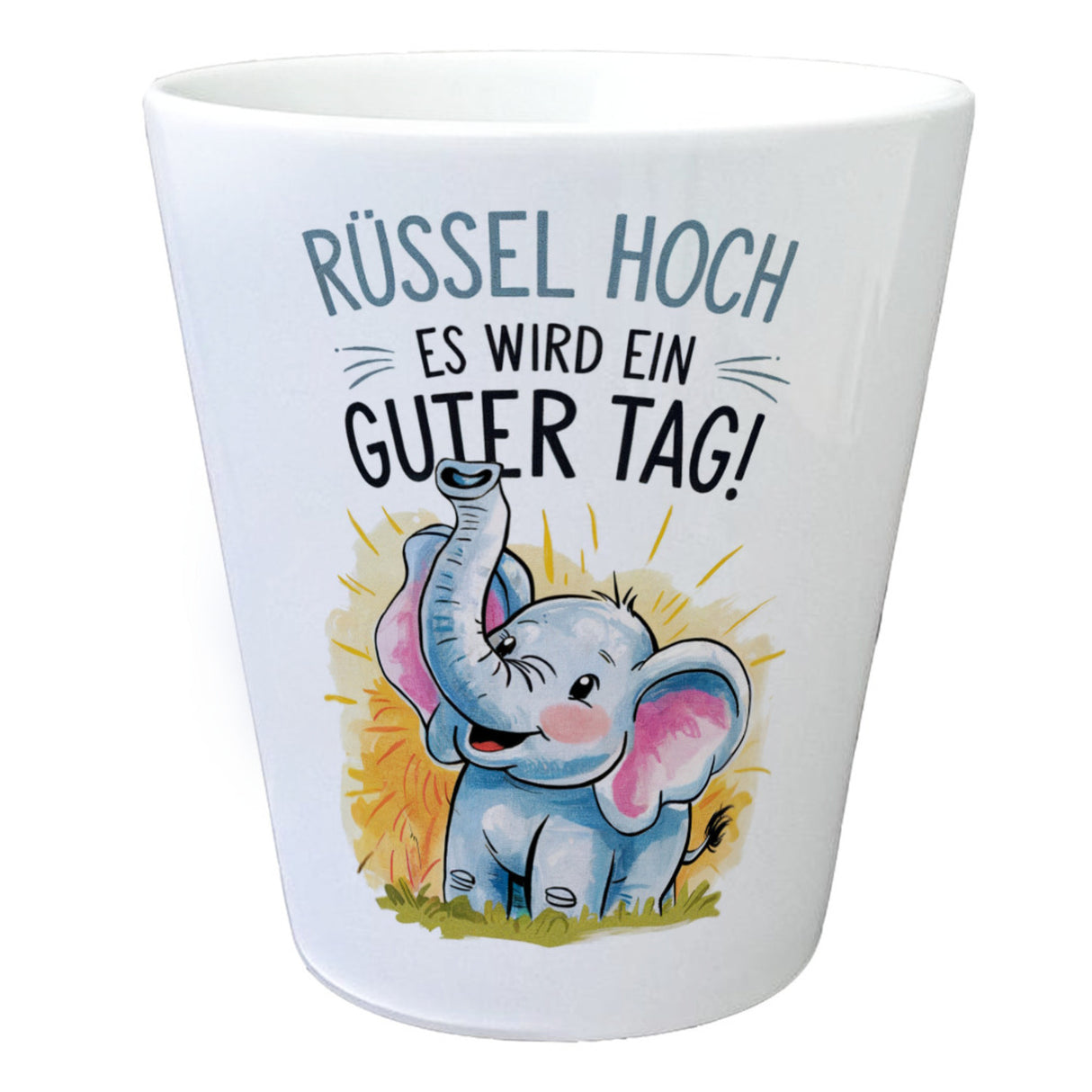Fröhlicher Cartoon Elefant Rüssel hoch Blumentopf