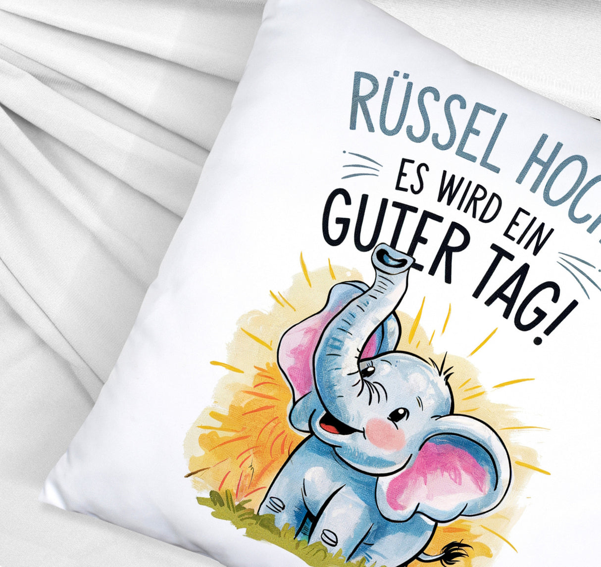 Fröhlicher Cartoon Elefant Rüssel hoch Kissen