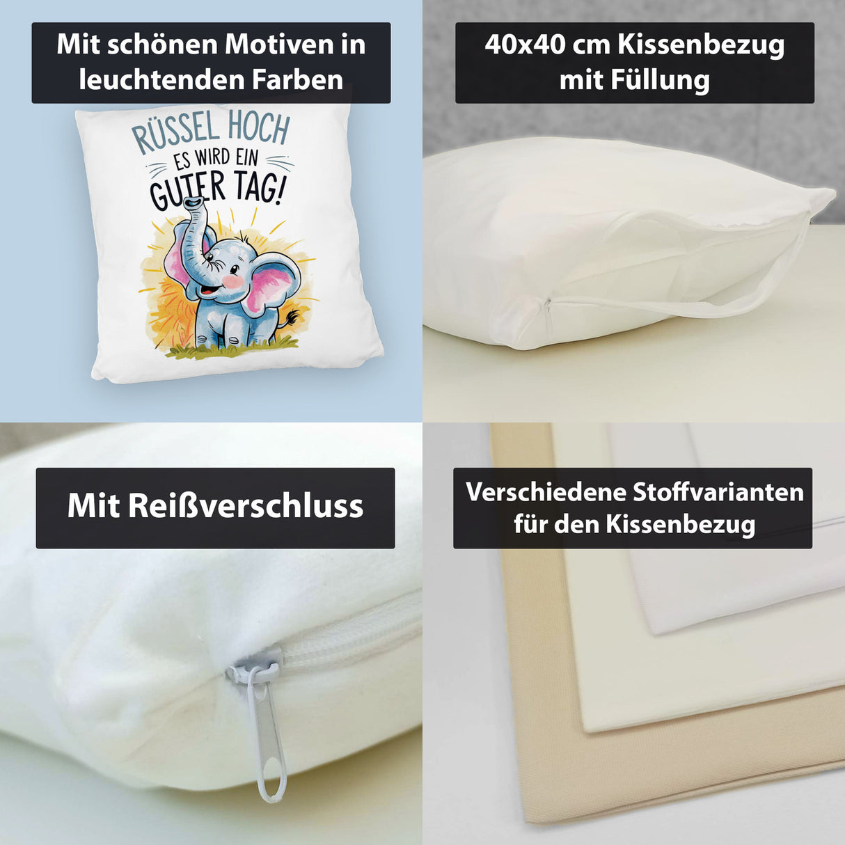 Fröhlicher Cartoon Elefant Rüssel hoch Kissen