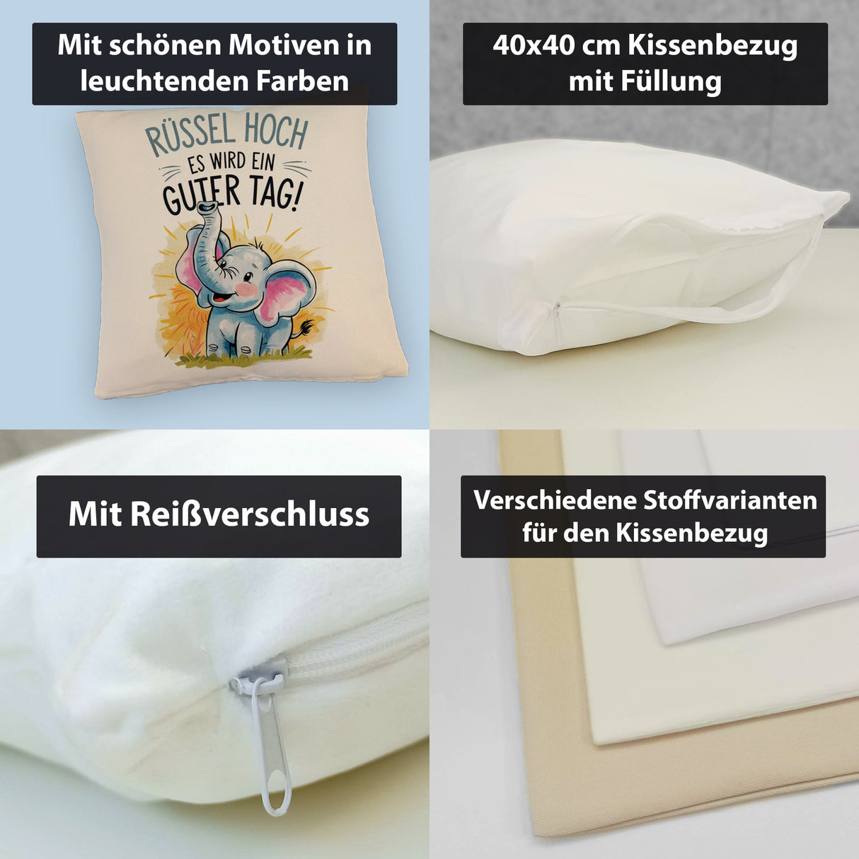 Fröhlicher Cartoon Elefant Rüssel hoch Kissen