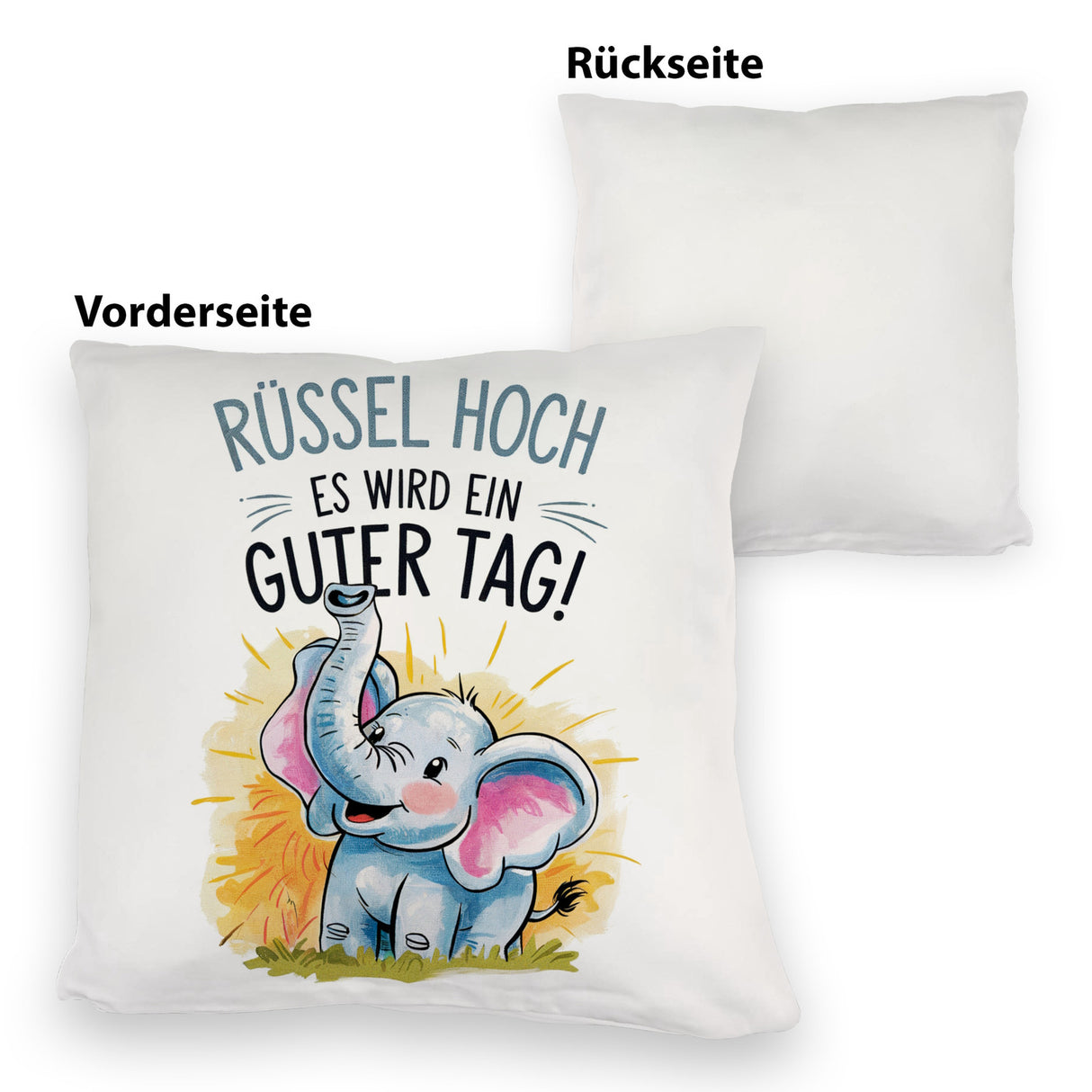 Fröhlicher Cartoon Elefant Rüssel hoch Kissen