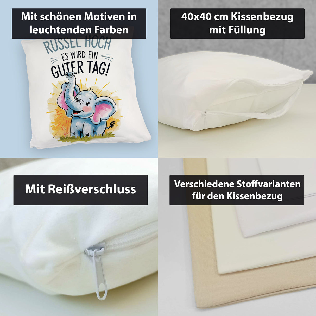Fröhlicher Cartoon Elefant Rüssel hoch Kissen
