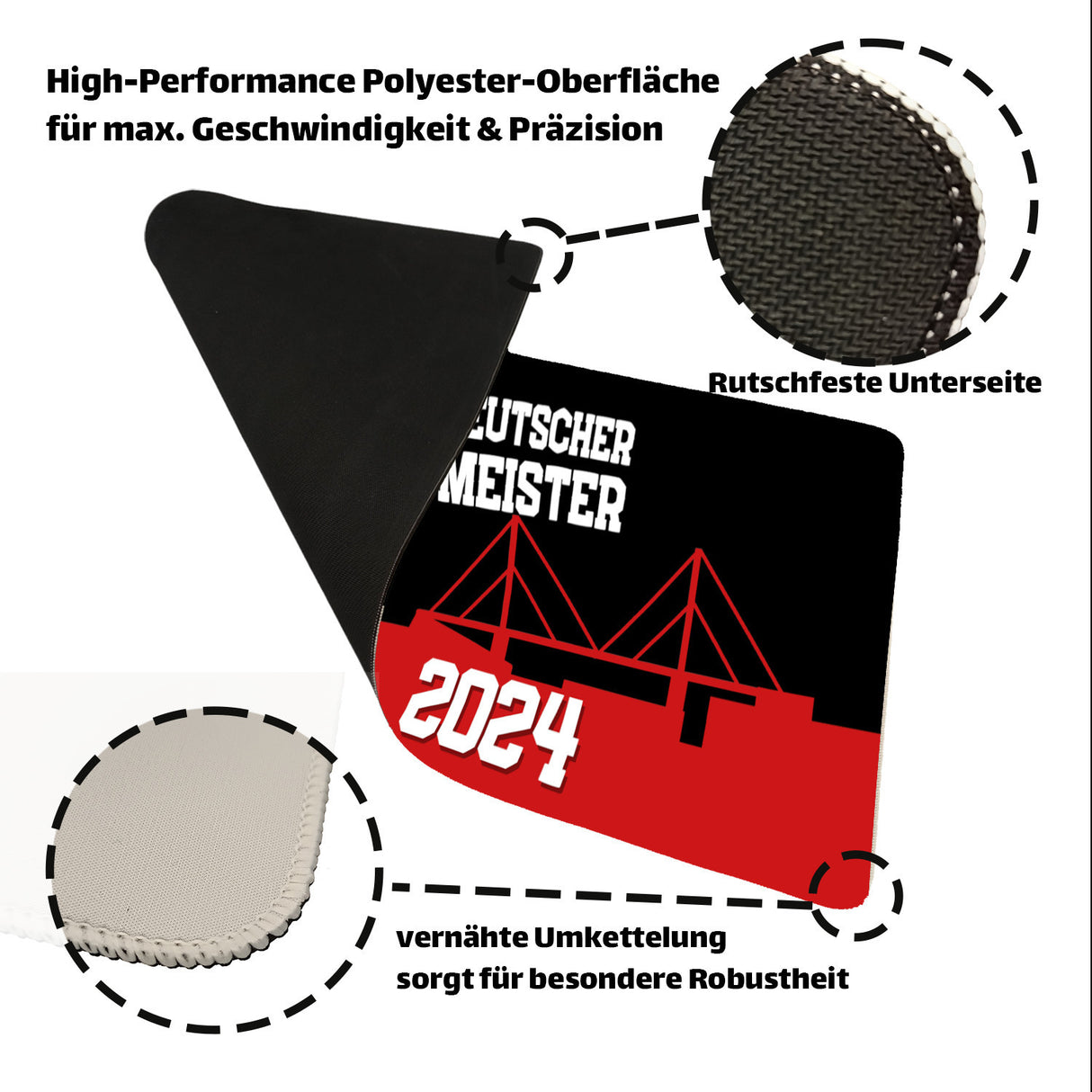 Leverkusen Schreibtischunterlage 69x31cm XXL Mauspad mit Spruch DEUTSCHER MEISTER 2024