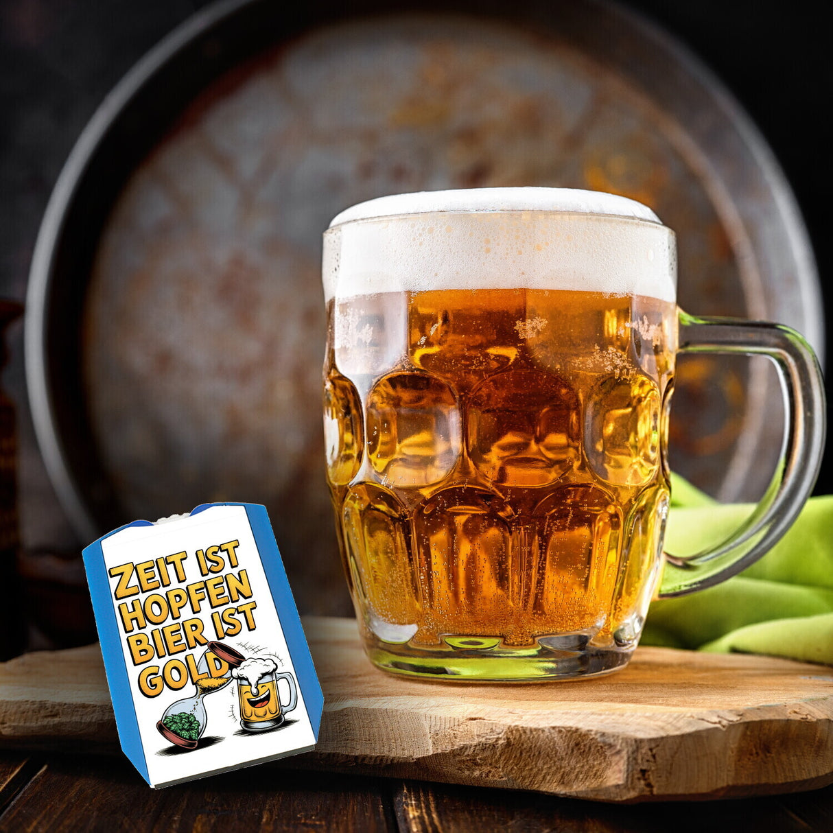 Zeit ist Hopfen, Bier ist Gold Parkscheibe Bierkrug & Sanduhr