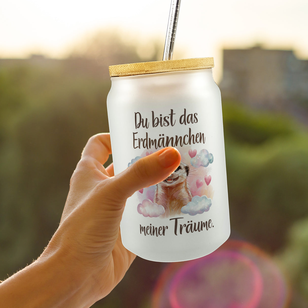Erdmännchen meiner Träume Trinkglas mit Bambusdeckel