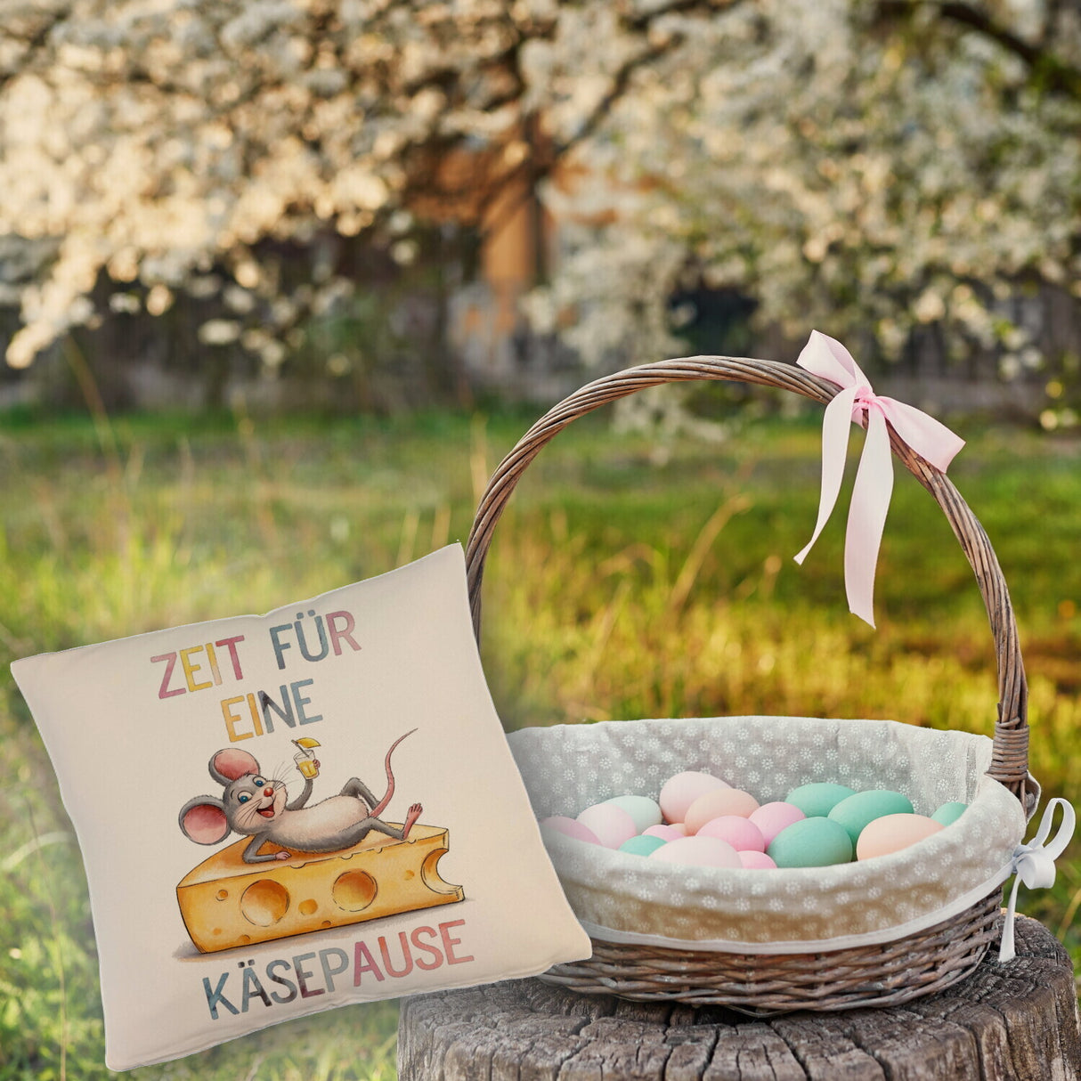 Fröhliche Maus auf Käse Kissen Käsepause