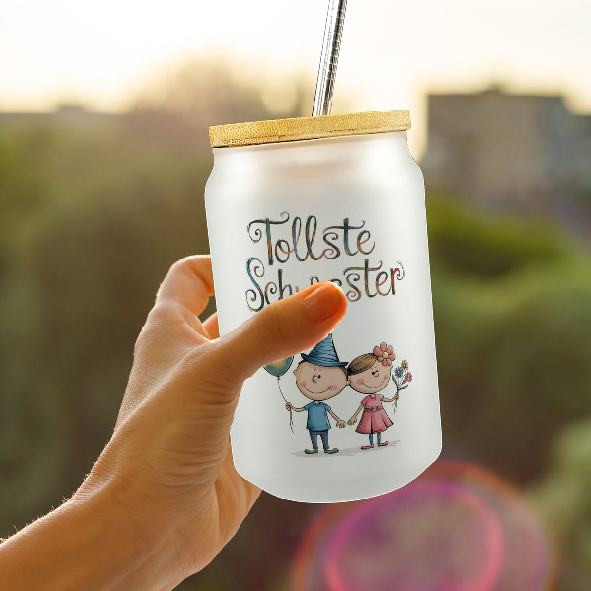 Tollste Schwester Cartoon Trinkglas mit Bambusdeckel für Geschwister