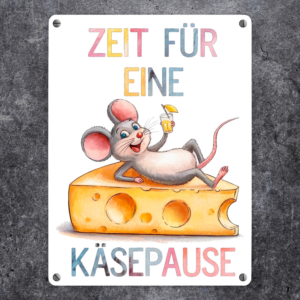 Zeit für eine Käsepause Metallschild in 15x20 cm mit lustiger Maus