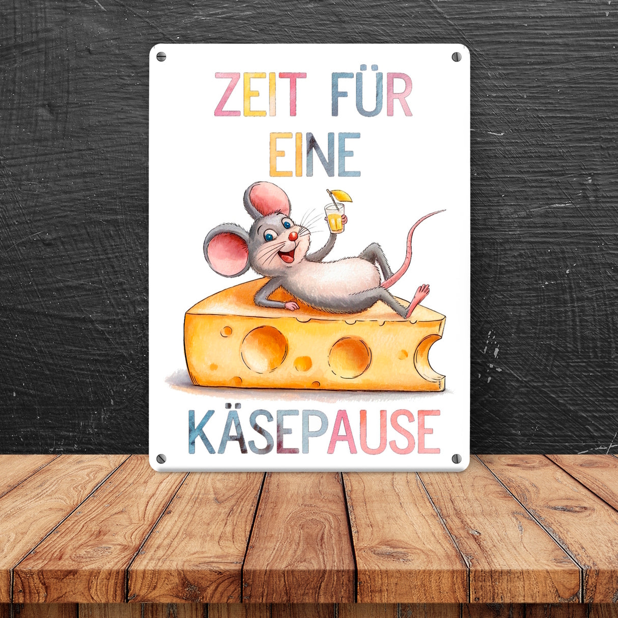 Zeit für eine Käsepause Metallschild in 15x20 cm mit lustiger Maus