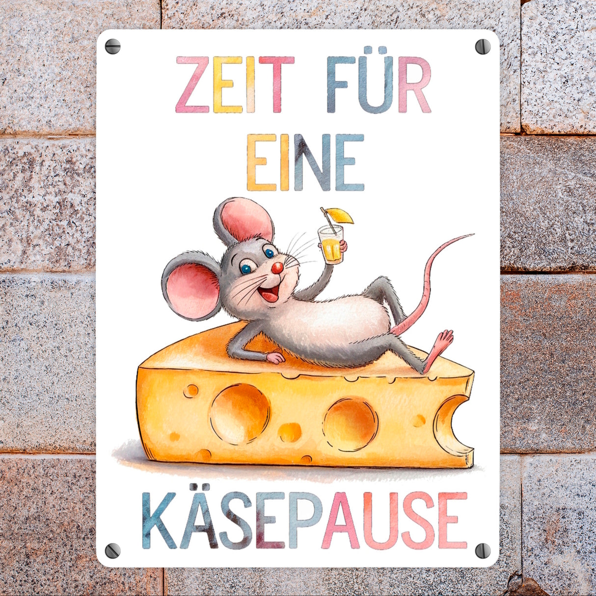 Zeit für eine Käsepause Metallschild in 15x20 cm mit lustiger Maus