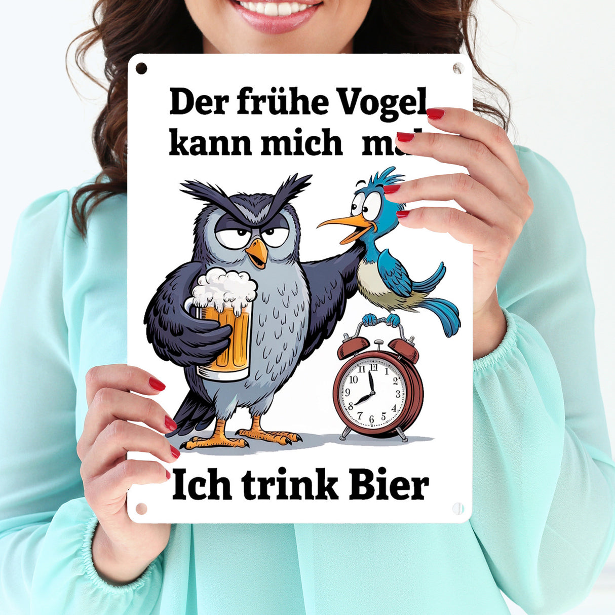 Der frühe Vogel kann mich mal Metallschild in 15x20 cm Eule trinkt Bier