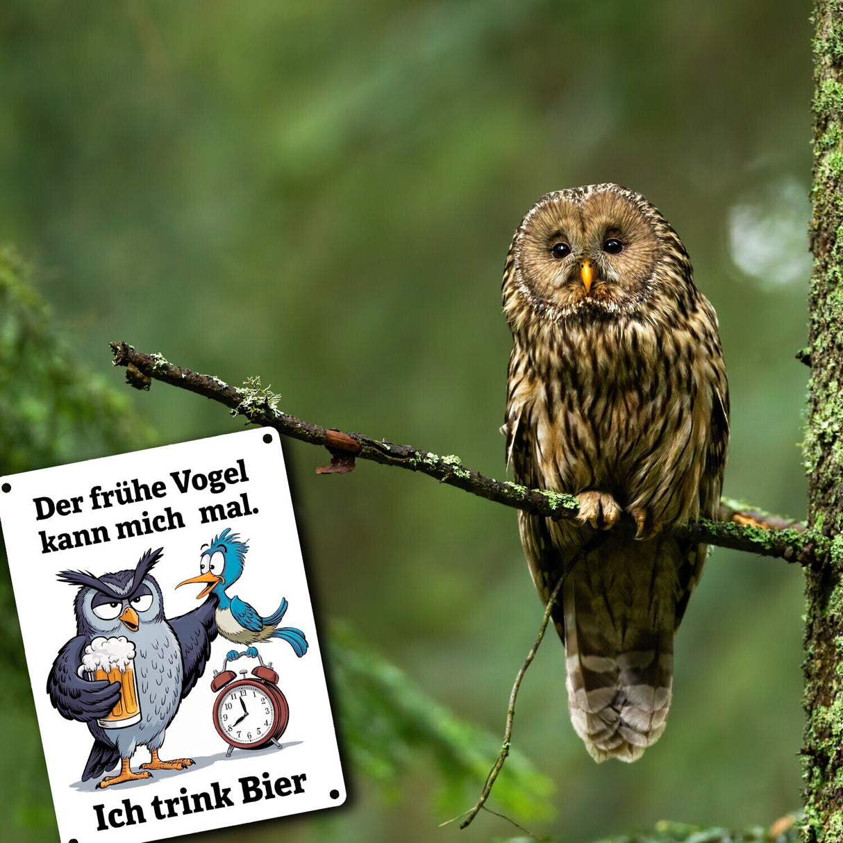 Der frühe Vogel kann mich mal Metallschild in 15x20 cm Eule trinkt Bier