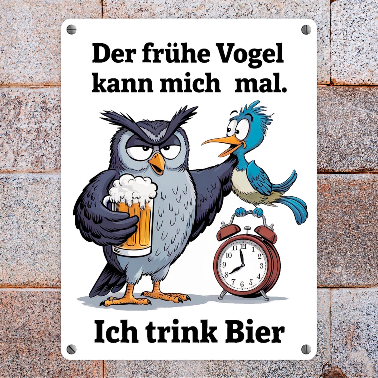Der frühe Vogel kann mich mal Metallschild in 15x20 cm Eule trinkt Bier
