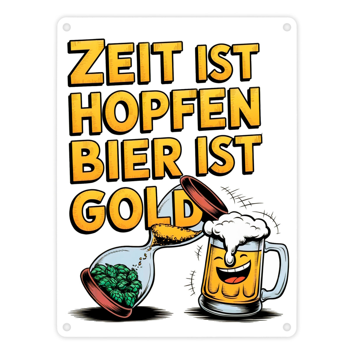 Zeit ist Hopfen, Bier ist Gold Metallschild in 15x20 cm Bierkrug & Sanduhr