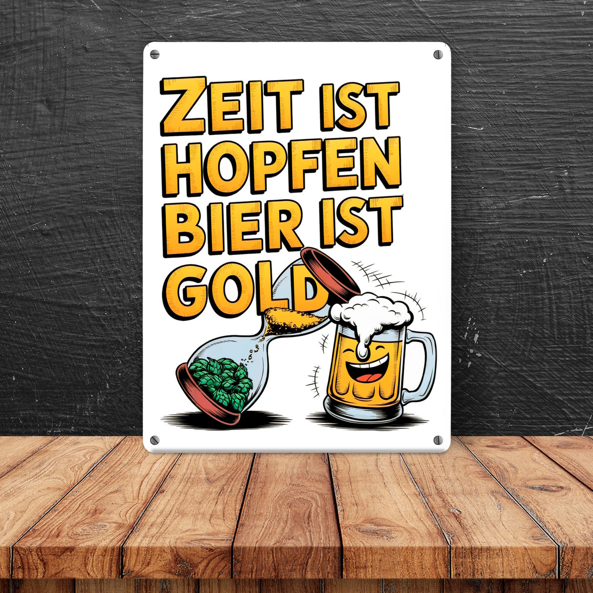 Zeit ist Hopfen, Bier ist Gold Metallschild in 15x20 cm Bierkrug & Sanduhr