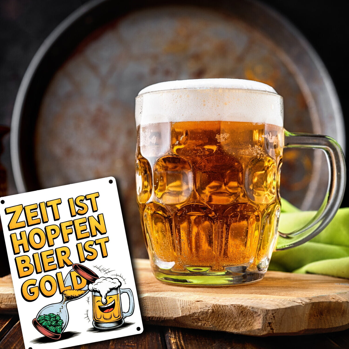 Zeit ist Hopfen, Bier ist Gold Metallschild in 15x20 cm Bierkrug & Sanduhr