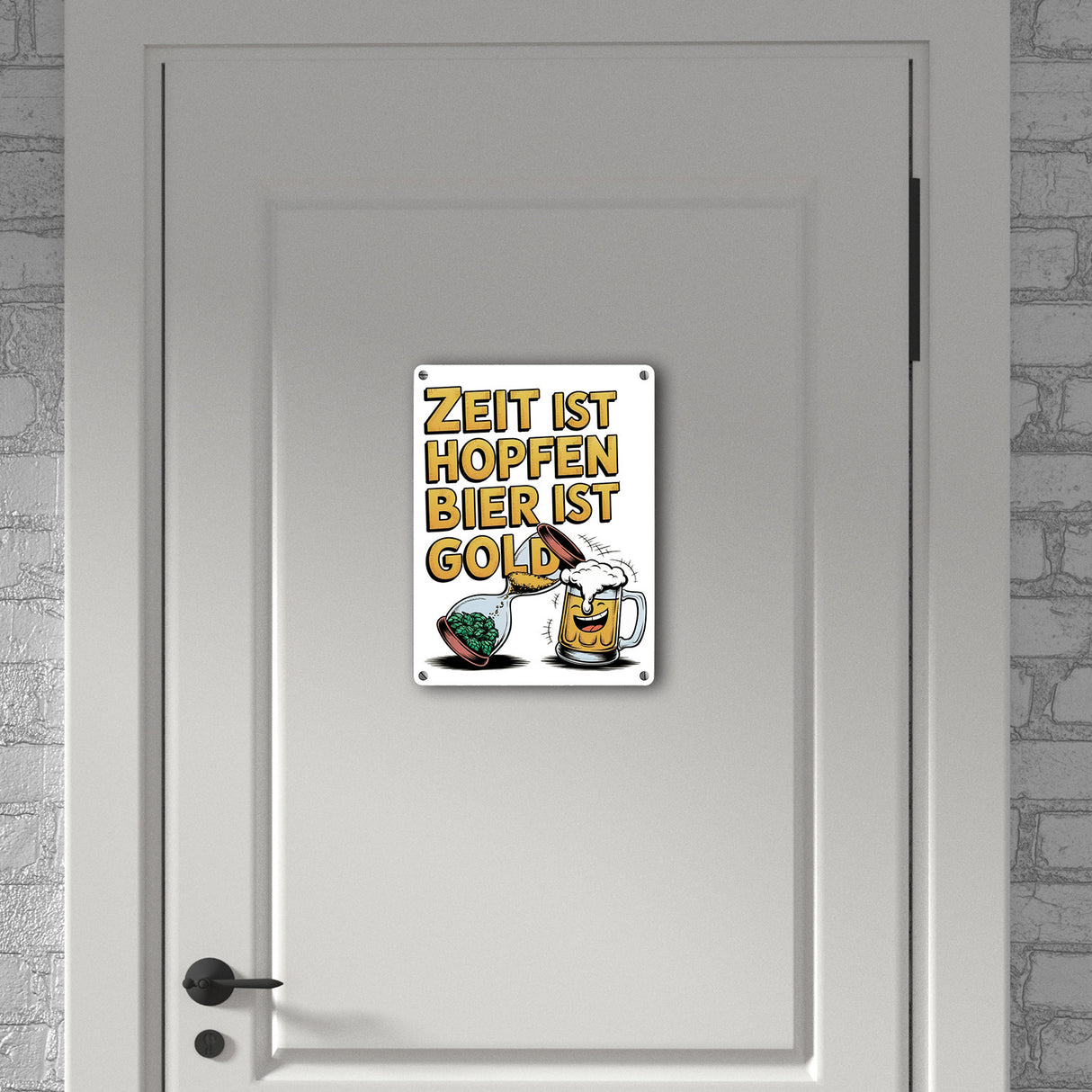 Zeit ist Hopfen, Bier ist Gold Metallschild in 15x20 cm Bierkrug & Sanduhr