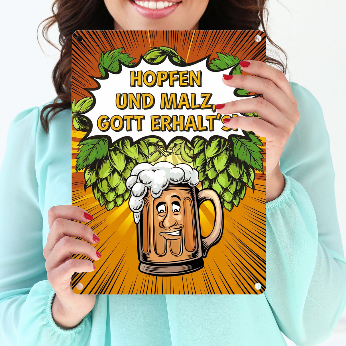Hopfen und Malz, Gott erhalt's! Metallschild in 15x20 cm mit lustigem Bierkrug