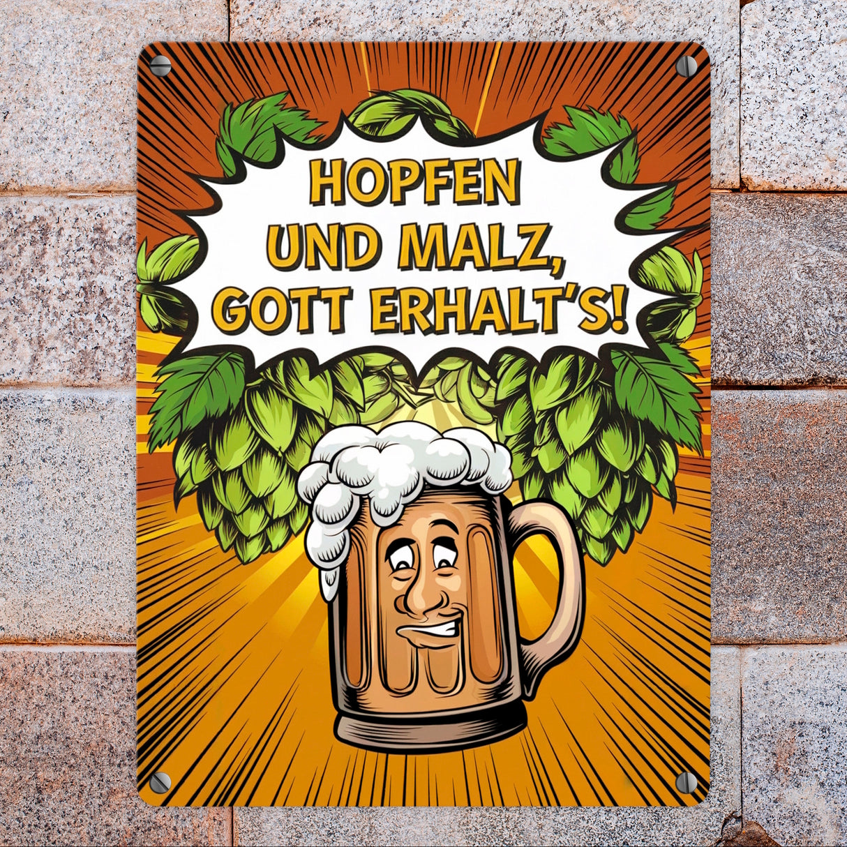 Hopfen und Malz, Gott erhalt's! Metallschild in 15x20 cm mit lustigem Bierkrug