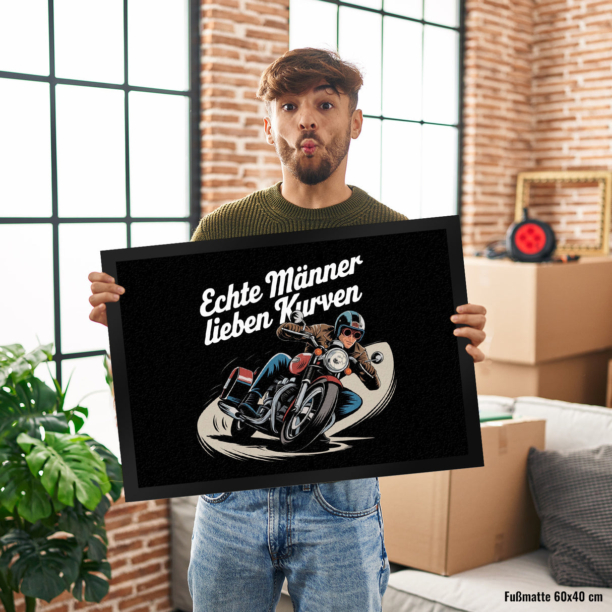 Echte Männer lieben Kurven Fußmatte in 35x50 cm mit Retro Biker