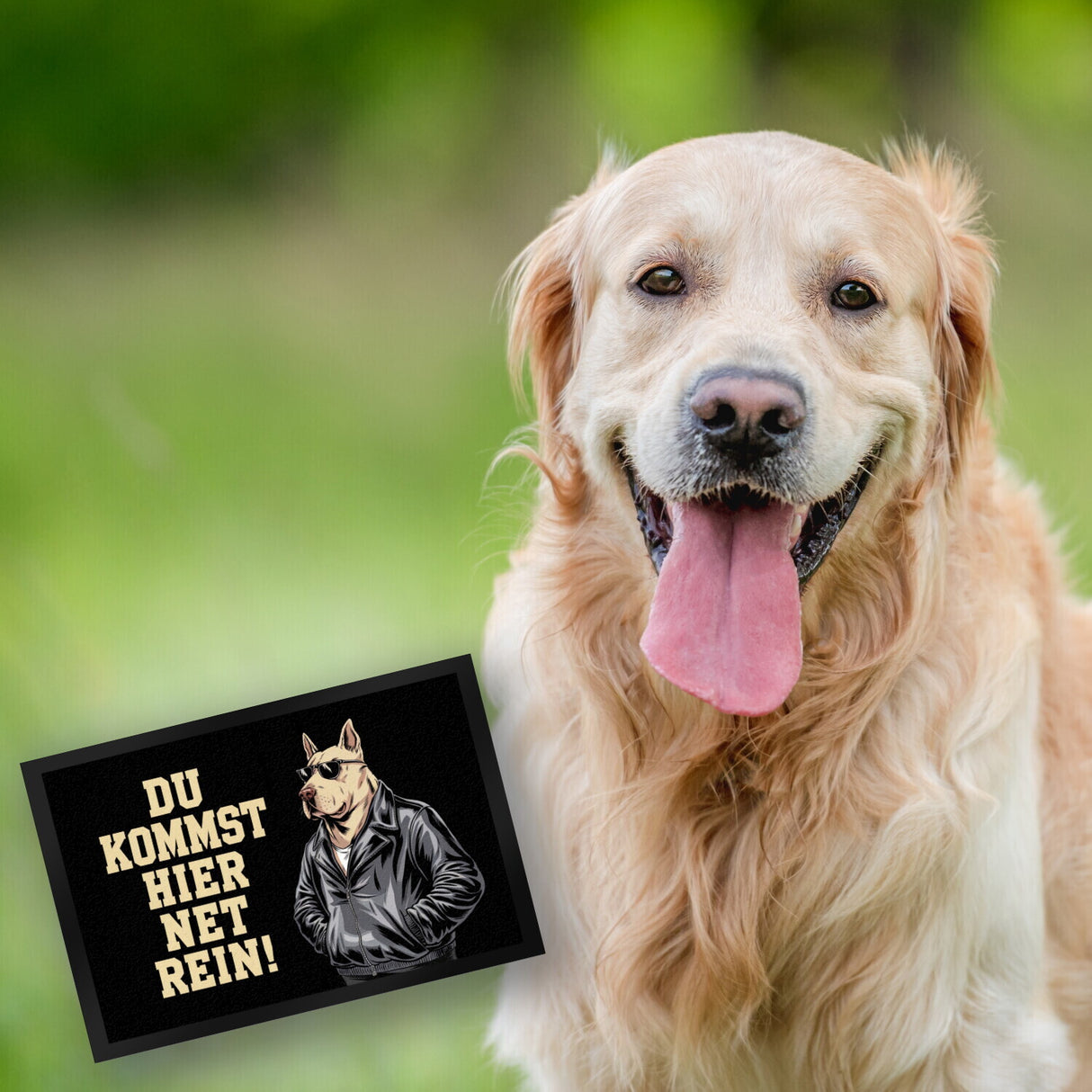 Türsteher Hund in Lederjacke Fußmatte in 35x50 cm - Du kommst hier net rein