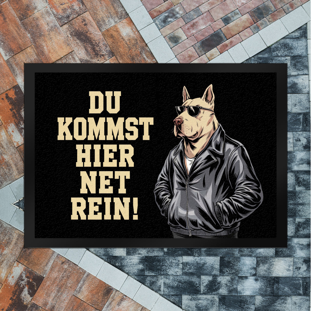 Türsteher Hund in Lederjacke Fußmatte in 35x50 cm - Du kommst hier net rein