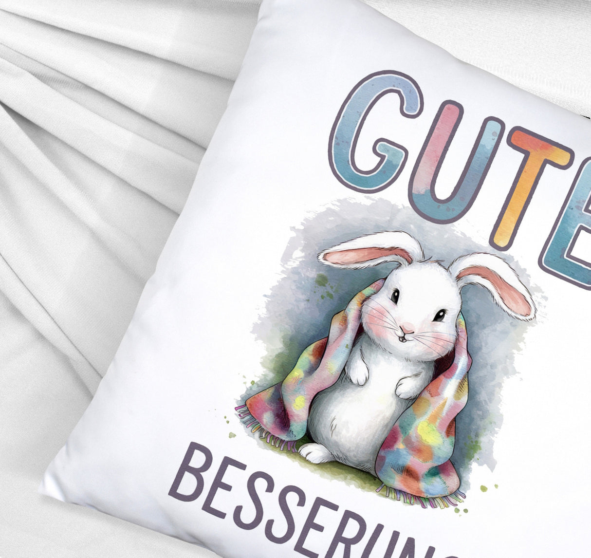 Gute Besserung Kissen - Weißes Kaninchen in einer Decke