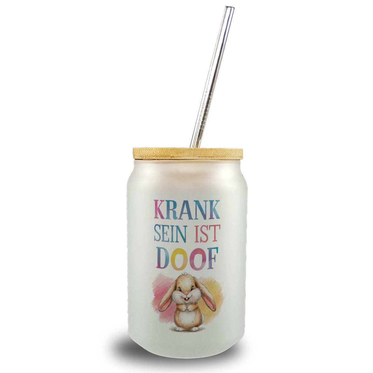 Krank sein ist doof Trinkglas mit Bambusdeckel mit niedlichem Kaninchen