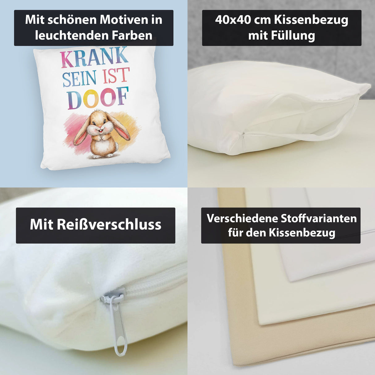 Krank sein ist doof Kissen mit niedlichem Kaninchen