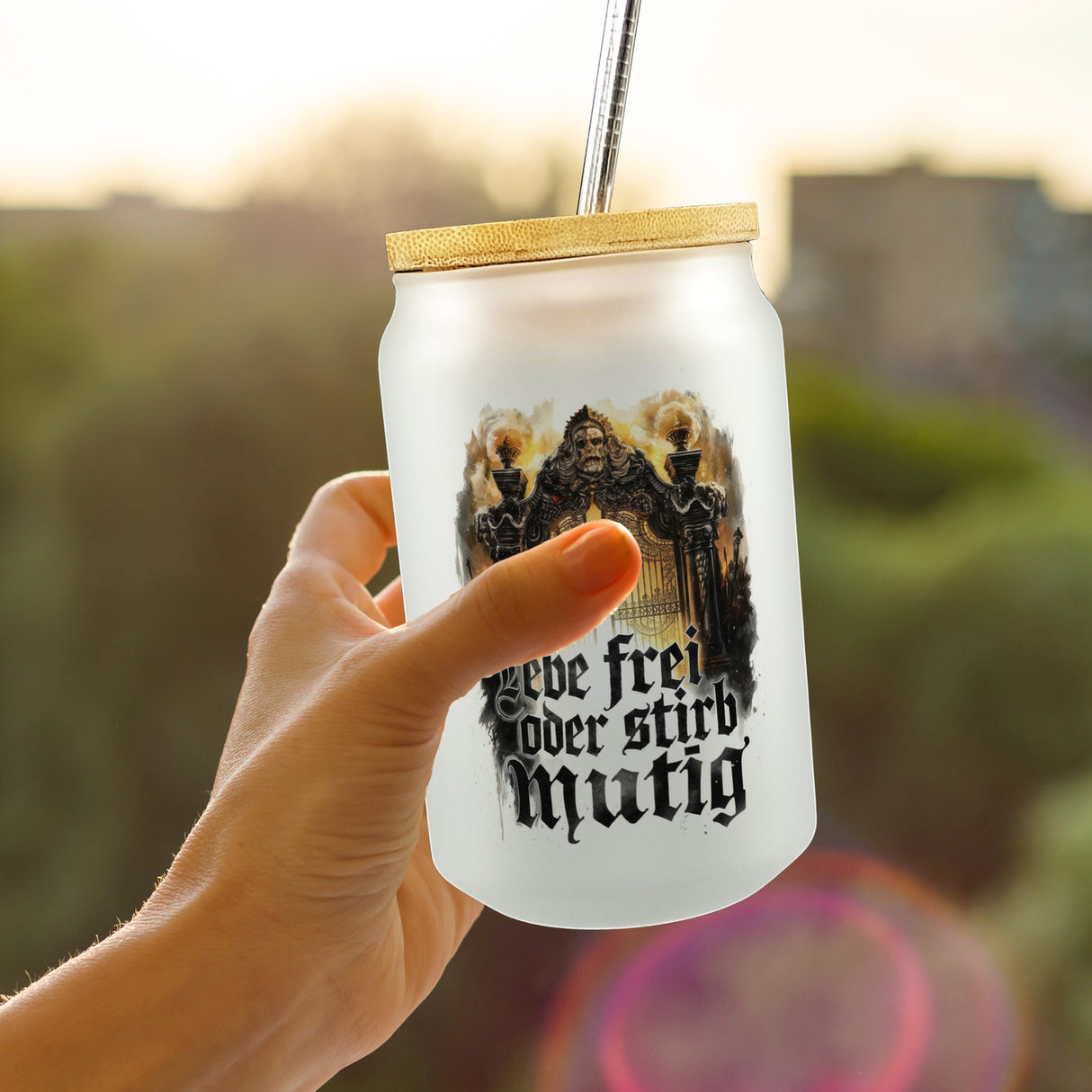Lebe frei oder stirb mutig Trinkglas mit Bambusdeckel - Valhalla