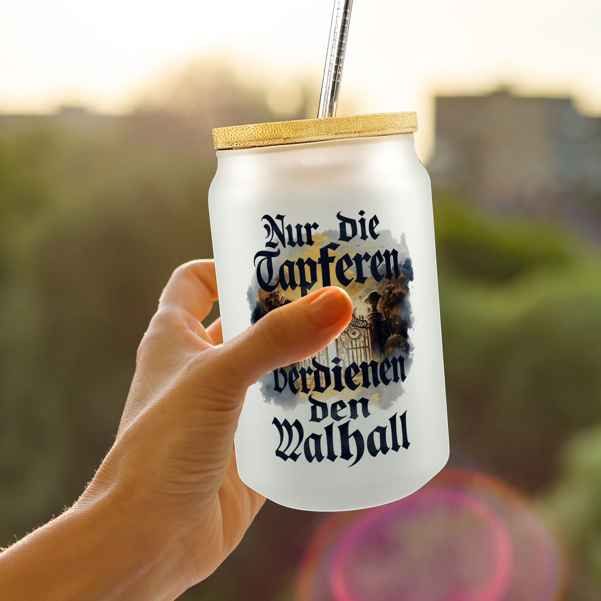 Nur die Tapferen verdienen den Walhall Trinkglas mit Bambusdeckel
