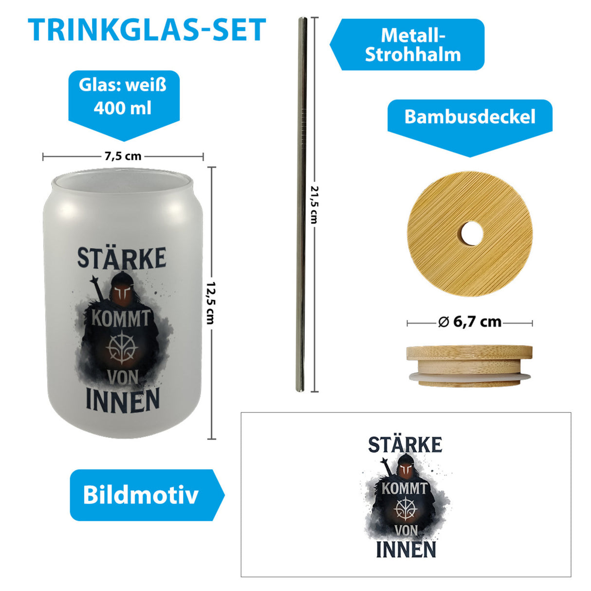 Starker Krieger - Stärke kommt von innen Trinkglas mit Bambusdeckel