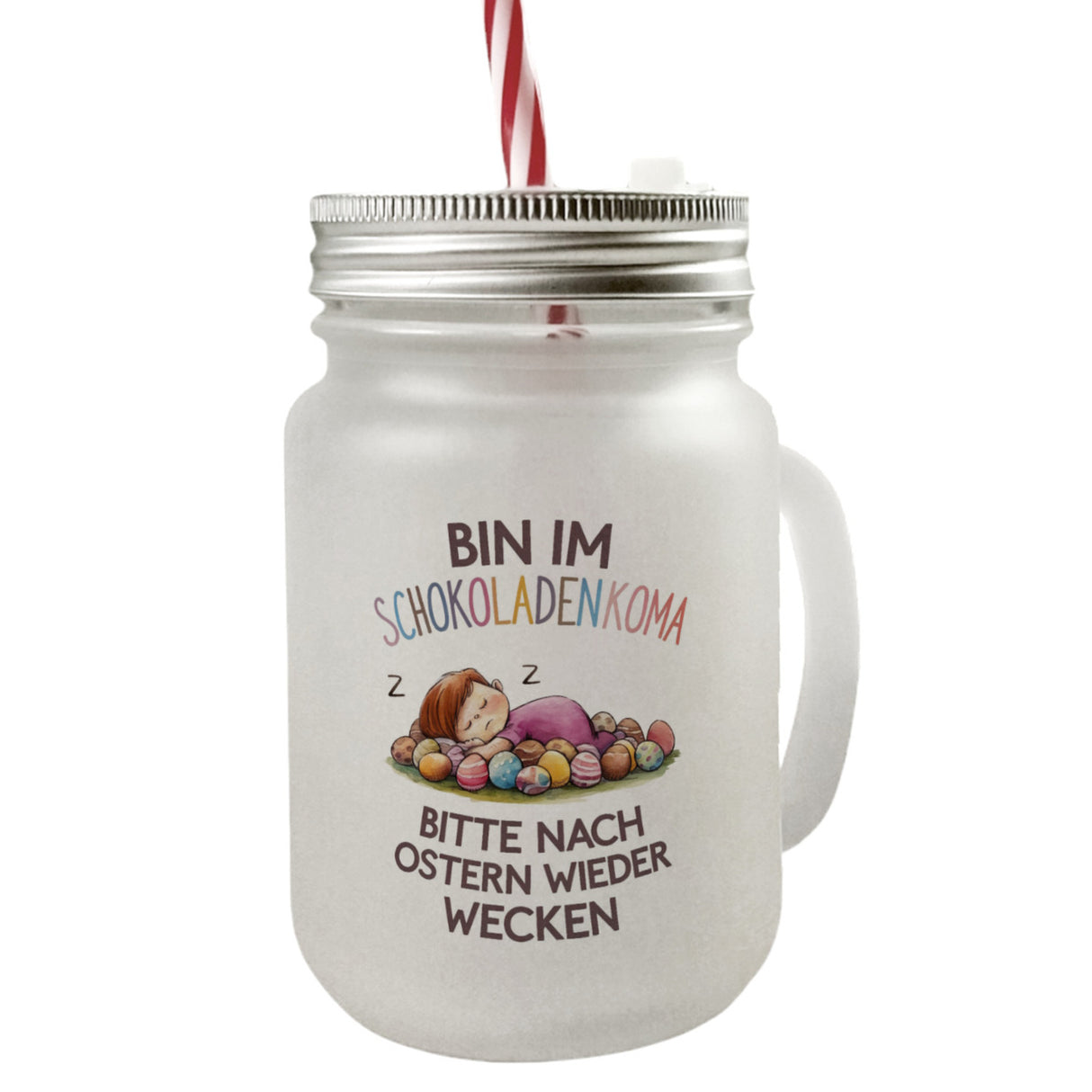 Schokoladenkoma Trinkglas mit Bambusdeckel Kind auf Schokoladeneiern