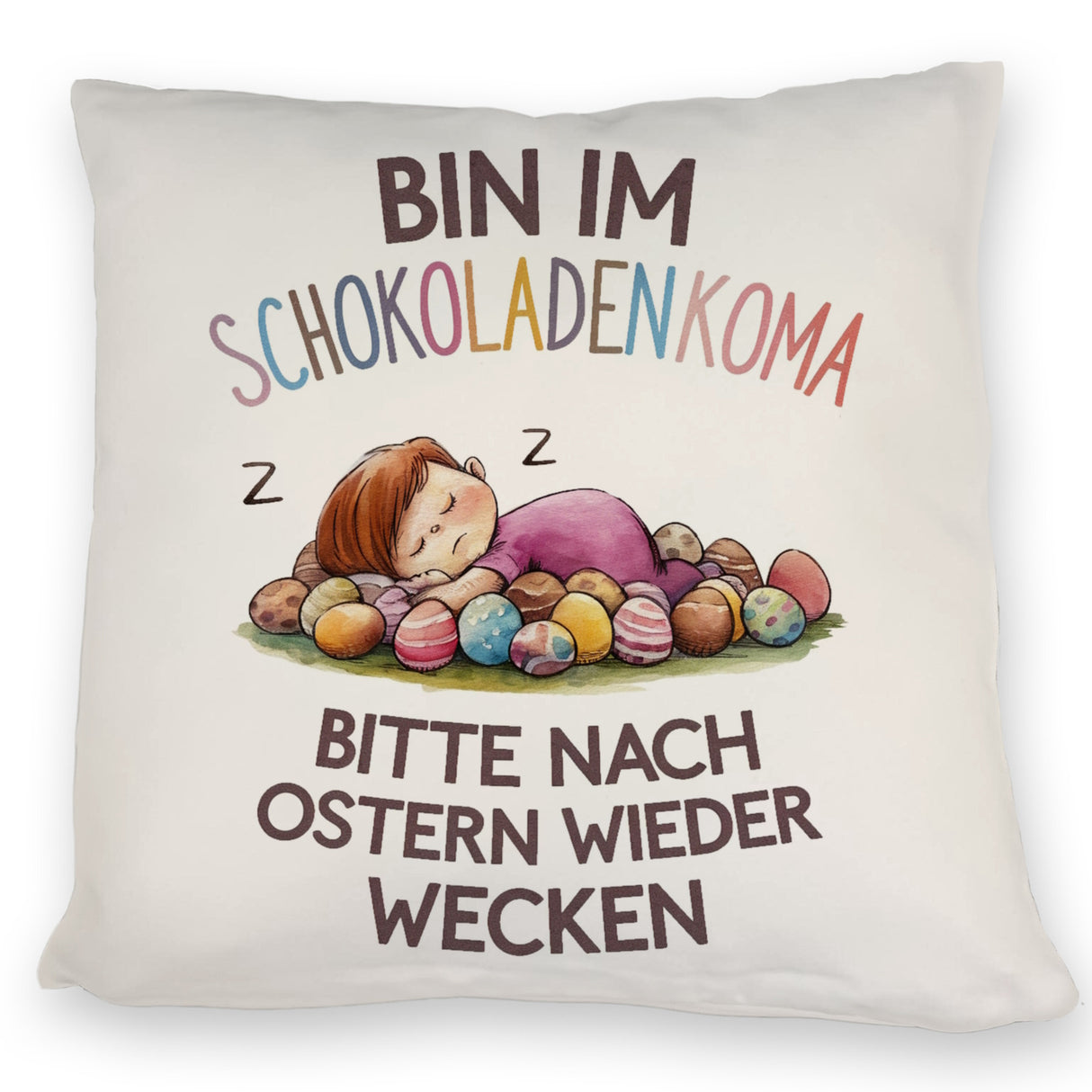 Schokoladenkoma Kissen Kind auf Schokoladeneiern