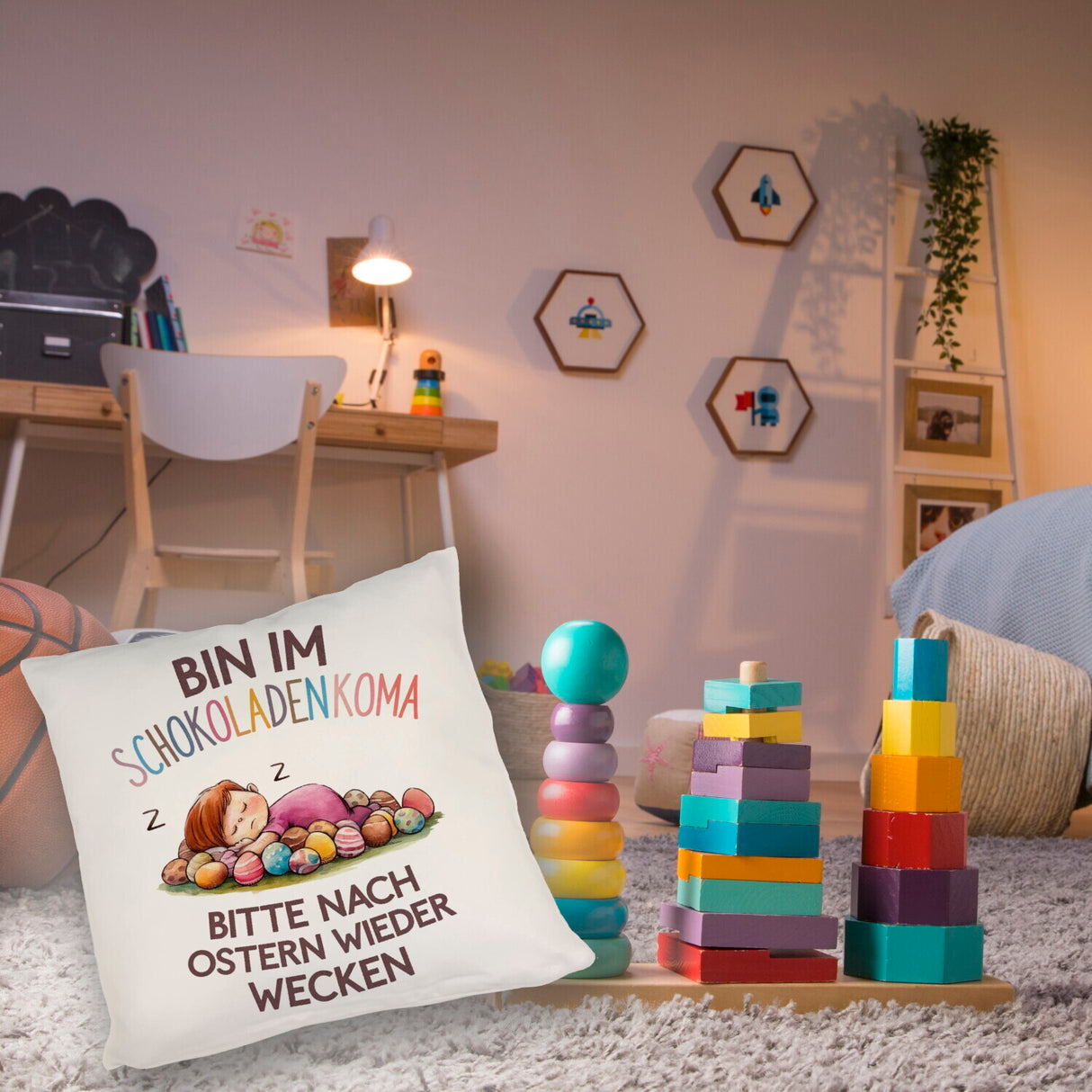 Schokoladenkoma Kissen Kind auf Schokoladeneiern