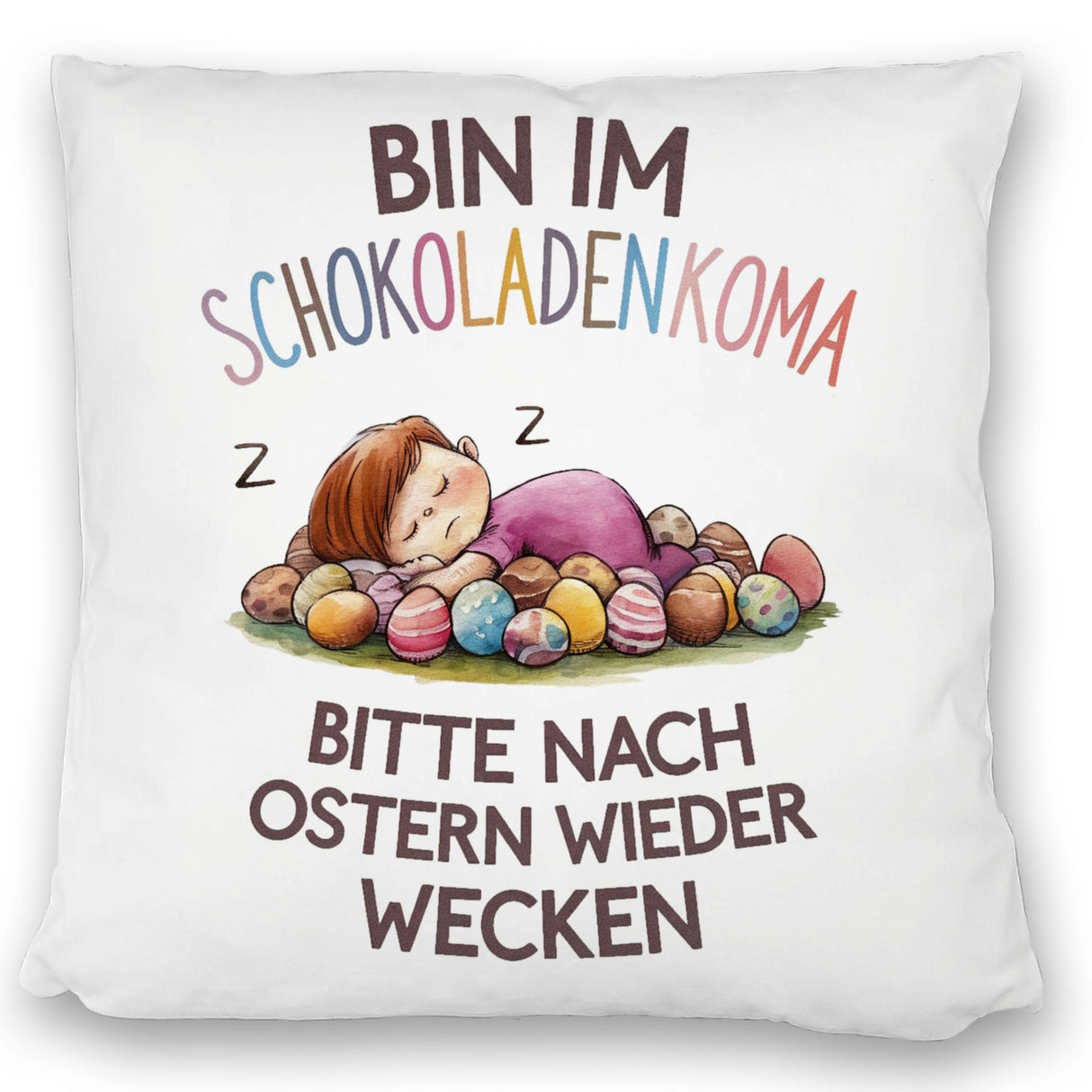 Schokoladenkoma Kissen Kind auf Schokoladeneiern
