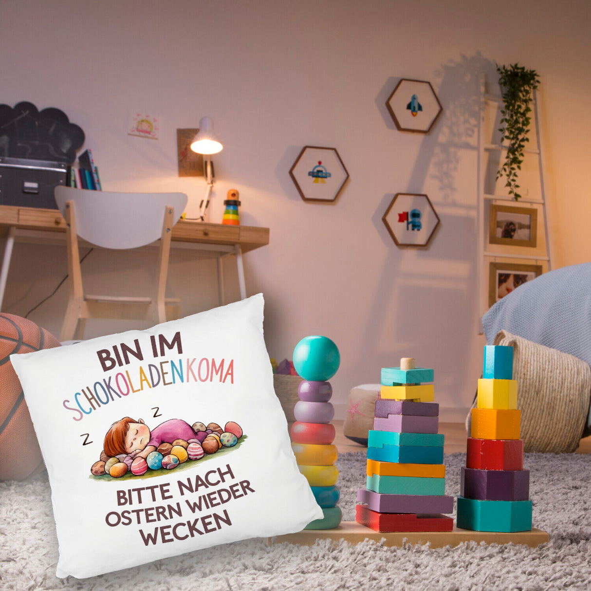 Schokoladenkoma Kissen Kind auf Schokoladeneiern